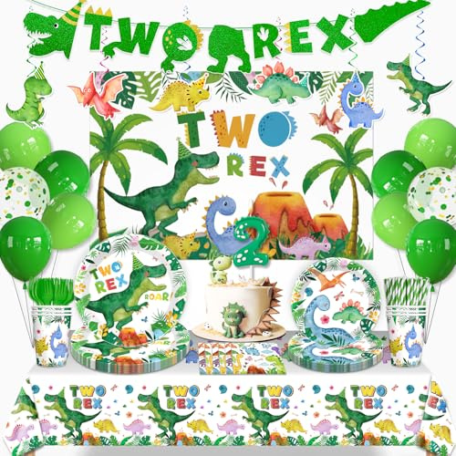 cocomigo Two Rex Birthday Decorations Boy with Number Candles, 25 Serves T-Rex Disposable Tableware Set, with Trex Banner Plates Napkins and Cups TableCloth for 2nd Dinosaur Themes Party