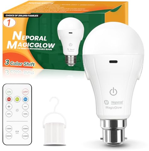Neporal Rechargeable Light Bulb, Remote+Dimmable+3 Colors, B22 Bayonet 1PK | 15W Bright (60W Eq.), USB Rechargeable Battery Up To 24H, Dimmable, 3-Colors, A19 Cord-Free Light Fits Any Lamp, Remote+Touch