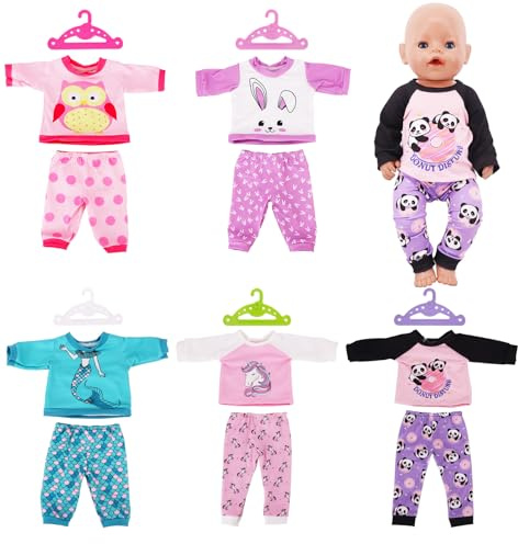 5 Sets Baby Doll Clothes for 14-18 Inch Doll, Doll Clothes for Reborn Doll Owl Rabbit Mermaid Pony Panda Cute Pattern 5 Tops 5 Pants with 5 Hangers, Baby Doll Accessories Children's Day Gifts