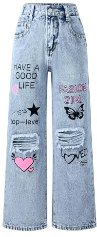 Happy Cherry Jeans Strappati Bambina Denim Pantaloni Gamba Larga Casual Vita Alta Jeans Baggy con Tasche Pantaloni Blu Dritto Fori Vintage per Ragazze 11-12 Anni