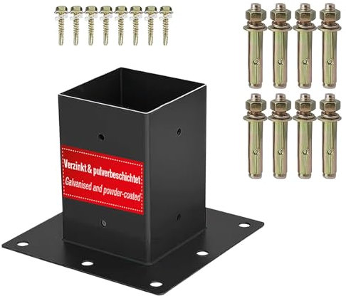 SOTECH Aufschraubanker 100 x 100 mm vierkant Stahl verzinkt und schwarz pulverbeschichtet für höchsten Korrosionsschutz, Terrassen Pfostenanker zum Aufschrauben für Aluminium und Holzkonstruktionen