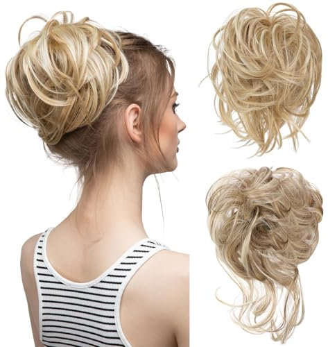 JSTHHTT 2 Stücke Haarteil mit Gummiband, Synthetisch Messy Bun Haar, Haarverlängerung Pferdeschwanz, Haarschmuck einfach Scrunchie für Frauen (Blond)