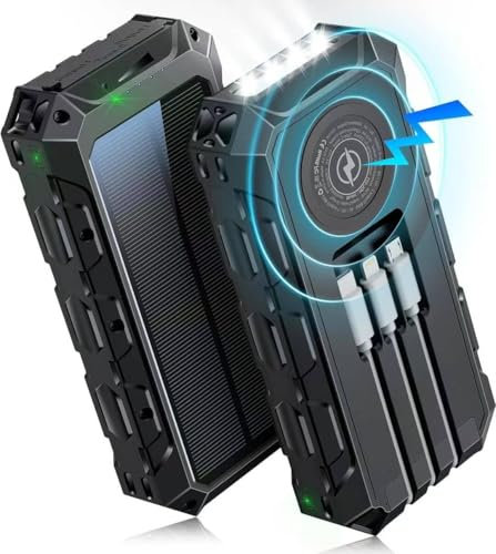 Cargador Solar para movil de 26800 + mAh con Linterna – Power Bank Solar con Carga Rápida, Cargador movil contactless o Cargador movil por Cable. Bateria Externa con Cargador Solar para móvil