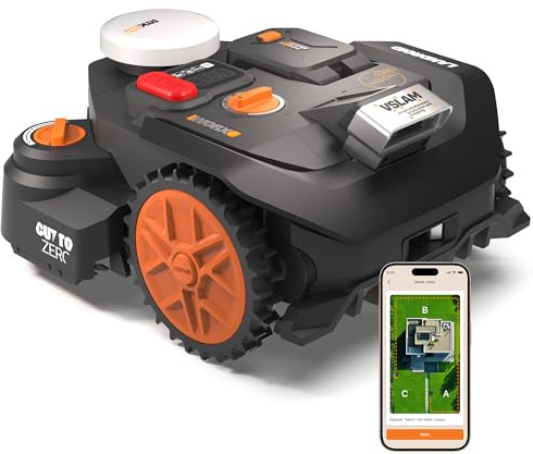 WORX Vision Cloud 2WD Robot Tondeuse WR306E, sans Fil périphérique, jusqu'à 600 m² (évitement d'obstacles par IA, Navigation VSLAM + RTK Cloud, cartographie Auto, contrôle Via l'app, Cut-to-Zero)