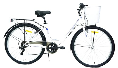 DEPORBIKES®️ Bicicleta Paseo Mujer 26 Pulgadas | Bicicleta con 7 velocidades + Cesta + Portaequipajes | Elegante y Cómoda para Mujer (Blanca)