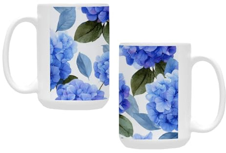 qenuh Blue Hydrangea Floral Decor Ceramic Mugs Coffee Cup Smooth Glaze Finish 15 oz Classic Tea Cup for Hot Drinks, Office/Home Use