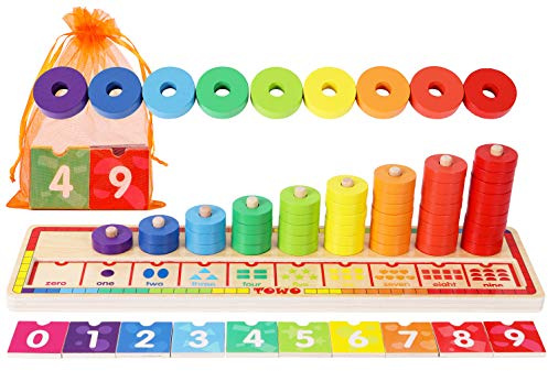 TOWO Wooden Counting Ring Stacker, 45 Rings Number Blocks Toy