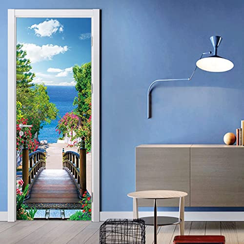 FLFK 3D Paisaje del mar del Puente de Madera Adhesivo Vinilos Puerta Pegatina Pared Murales para Cocina Sala de Baño Decorativos 77X200cm