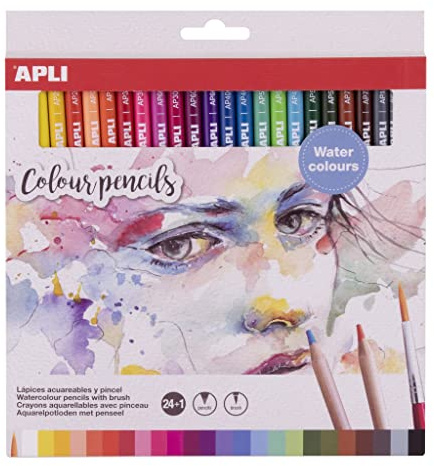 Apli 18913 - Pochette de 24 crayons aquarellables avec pinceau inclus – Crayons de couleur aquarelle haute pigmentation