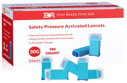 Ever Ready First Aid Safety Pressure Activated Lancets, Sterile Push Lancets with 30 Gauge for Blood Sugar Testing - 100 Count