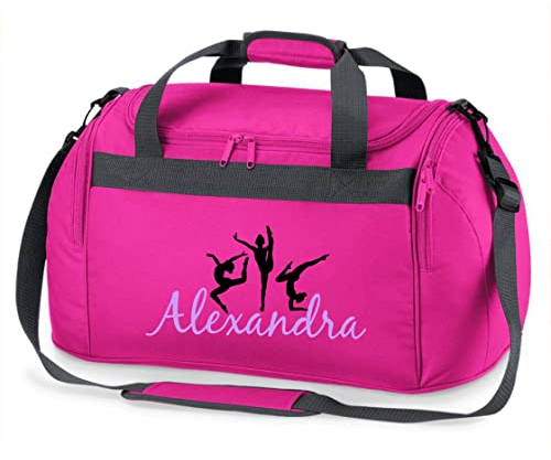 Kinder-Sporttasche Gymnastik mit Namen Bedruckt | Personalisierbar mit Motiv Turnerin Boden-Turnen | Reisetasche Duffle Bag zum Umhängen für Mädchen (pink)