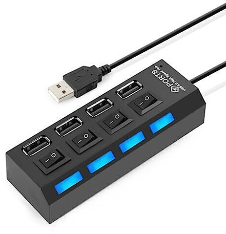 High Speed 4-Port USB 2.0 Hub with On/Off Switch, Ultra-Slim Multi LED Adapter for Desktop Pc Laptop (Black)
