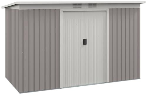 Outsunny 9ft x 4ft Metal Garden Shed, Outdoor Tool House with Foundation Kit, Ventilations and Double Doors, Light Grey