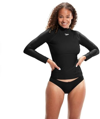 Speedo Women's Long Sleeve Sun Protection Rash Top | UV Protection | Rash Guard, Black, One Size