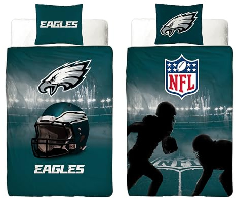 NFL Philadelphia Eagles Bed Linen 135 x 200 cm + 80 x 80 cm 100% Cotton Renforcé Linen Quality Zip American Football Fan Super Bowl Swoop Fly Eagles Reversible Cover German Size