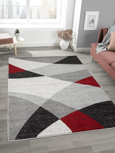 Mia's Teppiche Mosaix - Tappeto moderno a pelo corto, per soggiorno e camera da letto, con contorni, motivo geometrico, a quadretti, colore: grigio, rosso, 80 x 140 cm