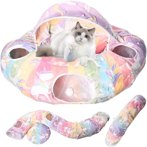 Hivexagon Plush Cat Tunnel with Thickened Canopy Bed for Indoor Cats – Detachable Design Combine Tunnels into Different Shapes for Cat Puppy Rabbit Up to 26 Lbs