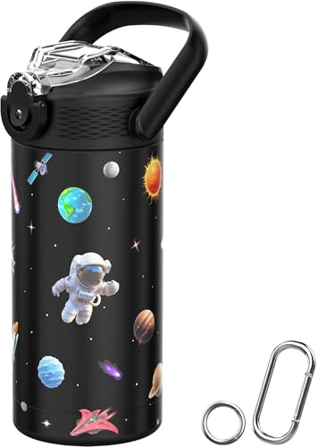 MYFOREST 400 ml isolerad vattenflaska för barn, kirurgiskt stål, högupplöst originalmönster, tål diskmaskin, namnskylt, karbinhakar (Svart. Utrymme)