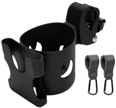 Geoyien Getränkehalter Kinderwagen, Becherhalter Kinderwagen, 1 Kinderwagenbecherhalter mit 2 Kinderwagenhaken, Schwarz