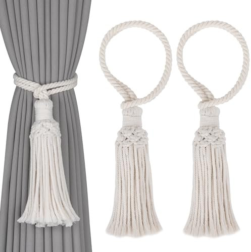 OCIOLI 2 Pack Boho Decorative Curtain Tiebacks Hand-Woven Cotton No Drill Curtain Holdbacks with Tassel, Curtain Rope & Tassel Tie Backs for Drapes Natural Style (2, Beige-1)