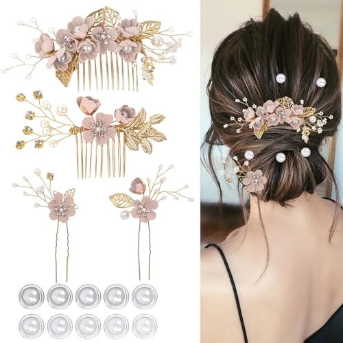 Lot de 4 accessoires pour cheveux de mariage, épingles à cheveux en forme de fleur, 10 épingles à cheveux en spirale avec perles pour mariées, demoiselles d'honneur, femmes et filles (rose)
