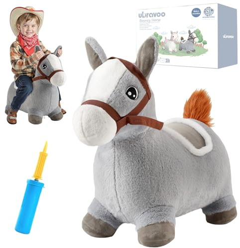 UBRAVOO Bouncy Pals Hopping Horse, Toddler Inflatable Bouncing Plush Animal Hopper Toy, Outdoor Indoor Plush Ride on Bouncer, Baby Birthday Gift for 18 Month 2 3 4 Year Old Boys Girls (Grey Pony-1)
