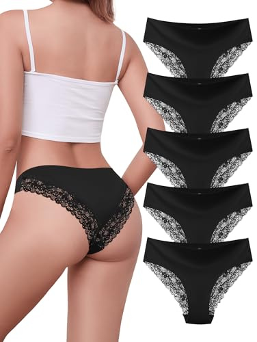 VOENXE Slip Donna Mutande,Brasiliana Vita Media Mutanda,Women Pizzo Intimo,Taglio Laser Culotte Underwear,Elastico Bikini Panties,Damen Hipster Comode Panty,Morbido Unterhosen,Pacco da 5