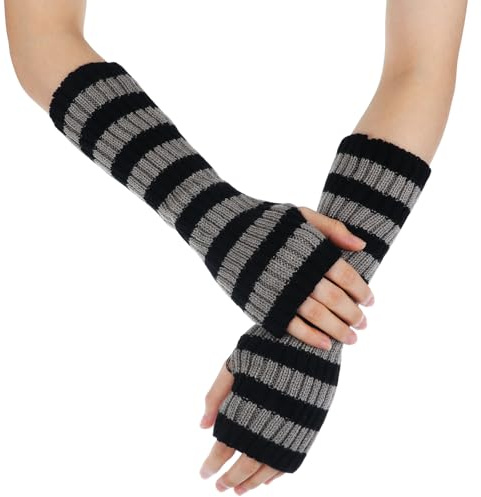 APLZGMG Y2K Striped Arm Warmers, Stretchy Long Fingerless Knitted Gloves with Thumb Hole, Harajuku Kawaii Punk Gothic Arm Sleeves for Women & Men (Black & Grey)