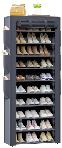 OYREL Scarpiera a 11 Ripiani in Tessuto Antipolvere Chiusa o Aperta, Scaffale Portascarpe con Copertura di Tessuto, 6 Tasche Laterali, per Scarpe da Ginnastica, Tacchi Alti, Ciabatte
