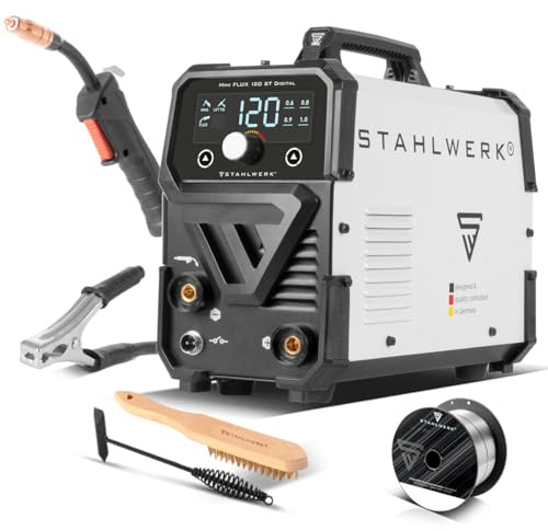 STAHLWERK Saldatrice Mini FLUX 120 ST Digitale – Saldatura a filo animato (FLUX) senza gas fino a 120 A, compatta, avanzamento sinergico e luce LED, Lift-TIG e MMA