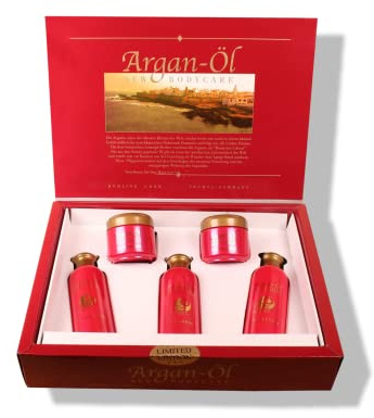 Original Arganöl 5-tlg. Pflege Set, Argan-Öl - Luxus aus der Natur für Haut und Haare, mit Vitamin E und Zellerneuerung aus Marokko, Geschenk