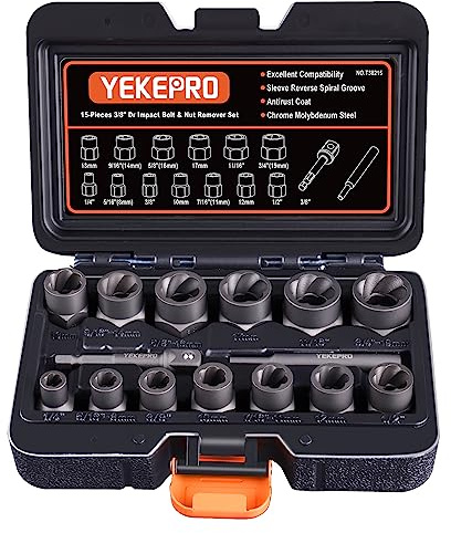 YEKEPRO 15 PCS Bolt Extractor Set, 3/8 Drive Impact Bolt & Nut Remover Socket Tool Kit, Stripped For Damaged, Frozen, Studs, Rusted, Rounded-Off Bolts, Nuts & Screws, Cr-Mo Steel, T38215