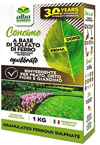 Albagarden - Solfato Di Ferro Granulare - ELIMINA MUSCHIO - Concime RINVERDENTE Antimuaschio Fogliare E Acidificante Della Terra - Per Prato e per tutte le Piante x 1 kg
