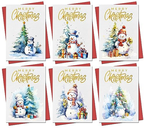 Christmas Cards Boxed | 30 Pack Xmas Cards Multipack | 6 Unique Cute Funny Snowman Snowmen Designs Watercolour Festive Seasons Greetings For Friends Family