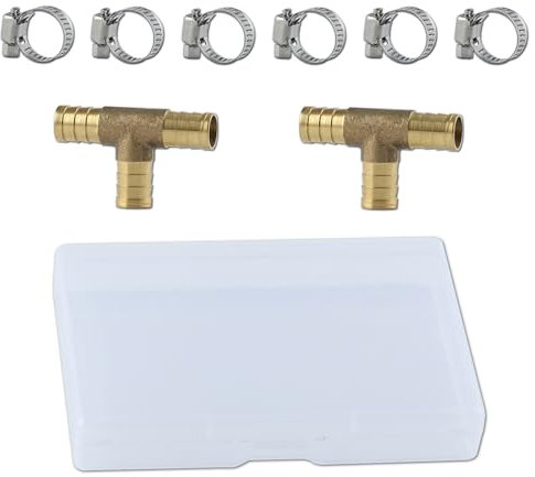 GOLD DEER 2PS 1/2 Brass Barb Tee Fittings ID Hose Pipe Fitting T-Shaped 3 Ways Hose Barb Reducer 3 Way Union Intersection Fitting Barbed Tee Connector with 6 PCS Hose Clamp for Oil Water Air