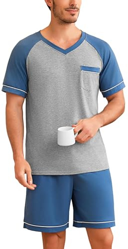 Irdcomps Pyjama Homme Coton Été Ensembles de Pyjama Ete Court Doux à Manches Courtes col V Vêtements de Nuit Short Vêtements de Détente Couleurs Contrastées Ensemble Pyjama Estival Bleu Marine XXL