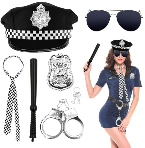 SHOWHEEL 7 Piezas Accesorios de Traje de Policía,Disfraces de Policia,Gorra de policía, esposas, placa de Policia, porra, corbata, gafas negras y llaves,Accesorios de Disfraces para Carnaval, Cosplay