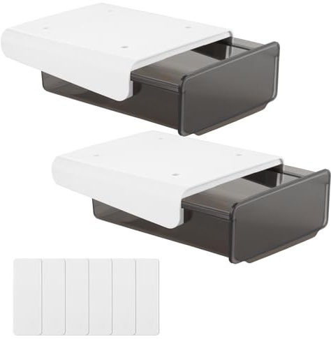 ASelected 2 Pack Under Desk Drawer, Self-Adhesive Under Desk Drawer Storage Box, Pop-up Hidden Under Desk Drawer for Office School Home Craft Room