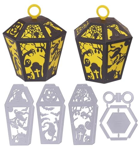 GLOBLELAND 3D Halloween Lantern Frame Cutting Dies for Card Making Witch Spider Bat Black Cat Metal Die Cuts Tombstone Pumpkin Cutting Dies Templates for Scrapbooking Journal Paper Craft Decor