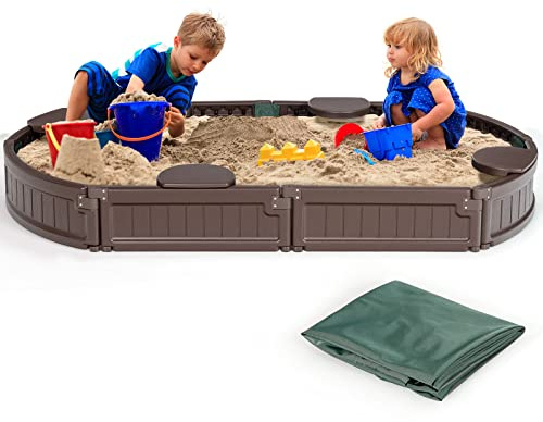 GYMAX Sabbiera per Bambini, Sabbiera con 4 Sedili Staccabili, Sabbiera con Coperchio Impermeabile e Antipolvere, 183 x 105 x 21cm, per Bambini di 3 Anni e più, per Piscina & Giardino, Marrone