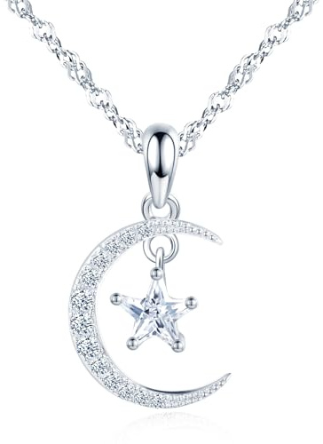 MOOFUN Zirconia stjärna måne halsband damer flickor silver 925: Romantisk gnistrande stjärnhimmel temaatisk berlock kedja för mamma fru flickvän dotter – modesmycke för födelsedagsfest resor,
