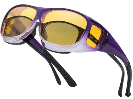SIPHEW Night Driving Over Glasses, Anti Glare Night Vision Fit Over Glasses, Yellow Polarised Headlight Glasses for Men & Women