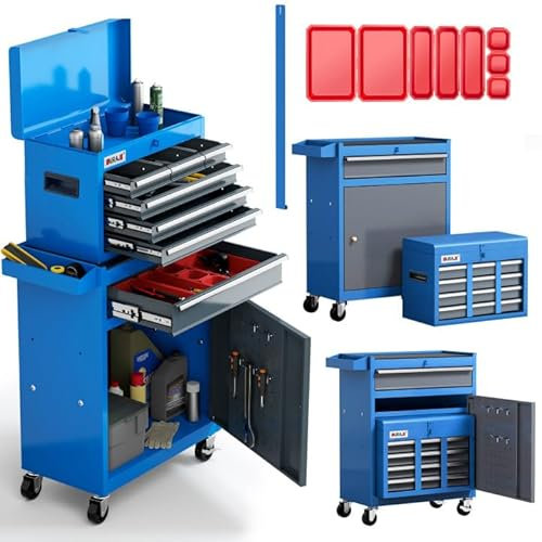 AIRAJ Chariot à Outil avec 7 Tiroirs, 2-en-1 Amovible Chariot à Outil avec 8 Boîtes de Rangement de Pièces, Crochets, 2 Roues de Frein, Convenant Aux Garages, Ateliers de Réparation, etc