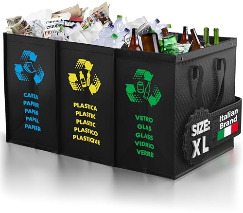 PTMS® Mülleimer 3 Fächer MAXI XL extra groß - Mülltonne als praktische Taschen für Papier, Glas & Plastik Müll - Abfalleimer Küche und Garage - Pfandflaschen Behälter - einfache Entleerung