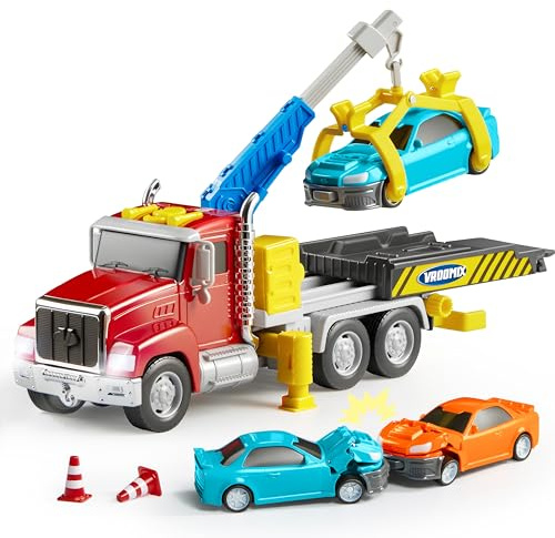 JOVA Vroomix Kids Tow Truck Toys for 3 4 5 6 7 Years Old Boys, Toddler Car Toys, Large Truck with 2 Transformation Cars and Trailer, Crane with Lights and Sounds, Birthday Gifts