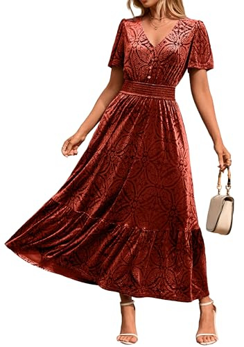 Simplee Womens Fall Velvet Dress - Short Sleeve V Neck Floral Maxi Dress Long Formal Winter Wedding Guest Dresses Reddish Orange L