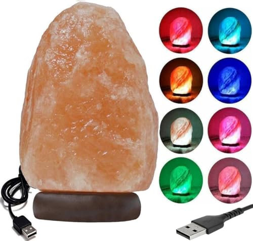 Natural Himalayan Salt Rock Night Lamp with 8 Colors Changing, USB Crystal Salt Lamp for Home Decor and Gift Natural Shaped with Premium Wood Base
