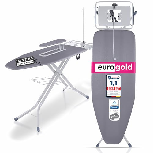 EUROGOLD® XXL Bügelbrett 130x48cm [INKL. ABLAGE & ÄRMELBRETT] - Bügelbrettfür Dampfbügelstation (Made in Europe) - Bügelbrettmit Steckdose - Bügeltisch Ironing Board - Stabil & Höhenverstellbar