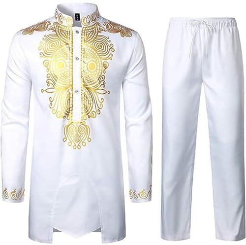 Generisch Suite Herren Herren Außenhandel Ethnischer Stil Muslimische Robe Mit Gold Langarm Hose Casual Anzug Herren Anzug Untersetzt (White, L)
