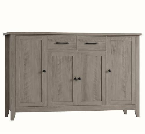 HORSTORS 55 Buffet Cabinet with Storage, Kitchen Buffet Sideboard with Drawers, Large Storage Cabinet with Doors and Shelves, Modern Farmhouse Coffee Bar for Kitchen, Dining Room, Living Room, Grey